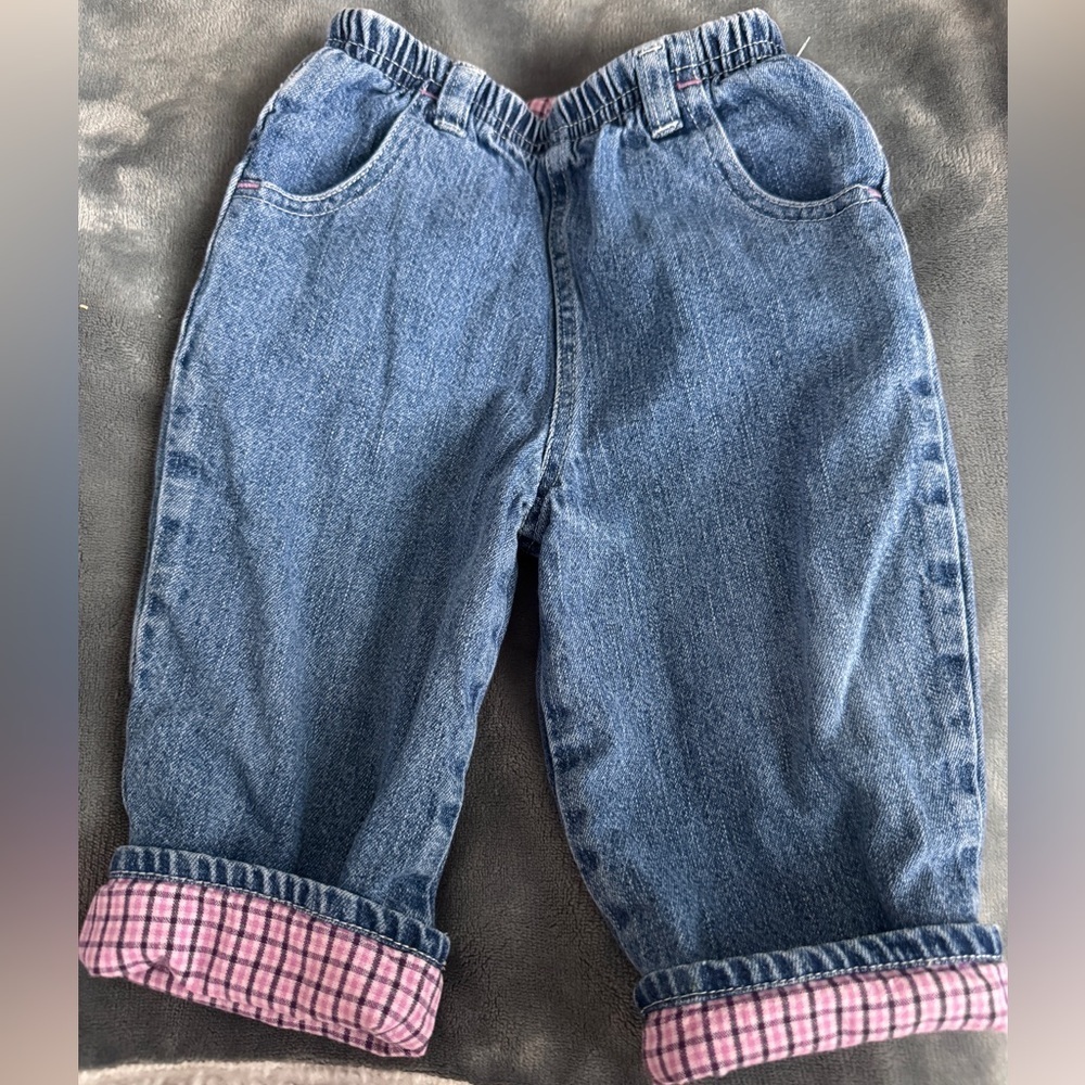 OshKosh vintage thermal lined pink plaid cotton denim cuffed Jeans 6-9 months